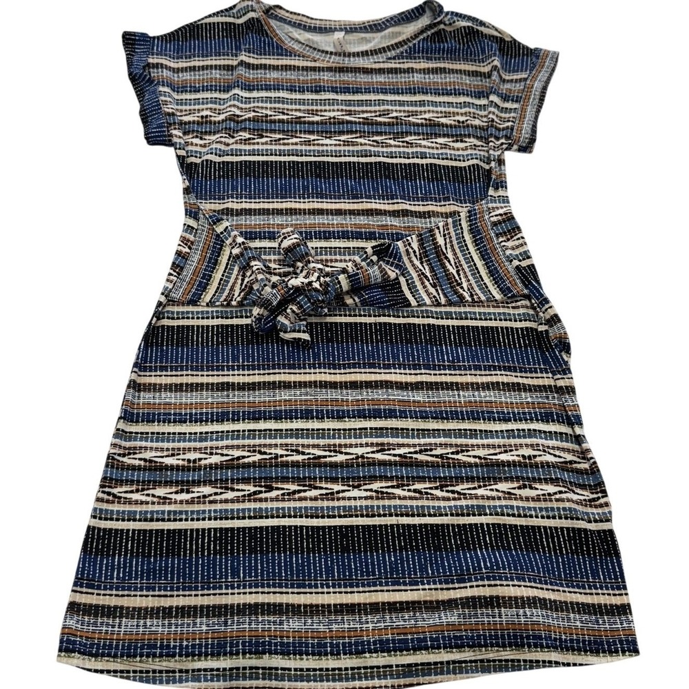 Gilli Dress Womens Small Blue Southwestern Striped Belted Mini Short Sleeve Boho - Picture 2 of 8